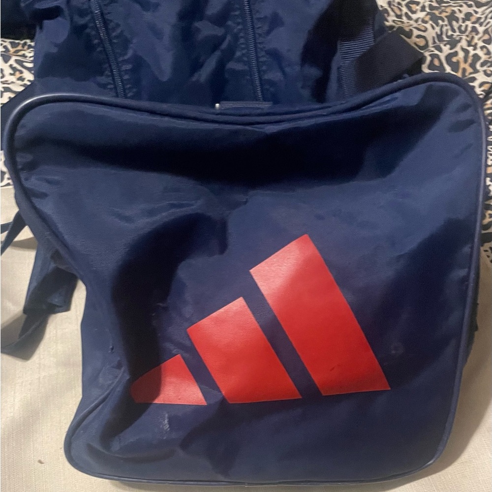 Adidas large duffle bag blue and red arm strap, hand carry, all zippers work!